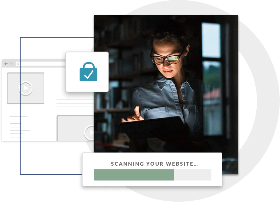 Woman looking at laptop, scanning website loading icon